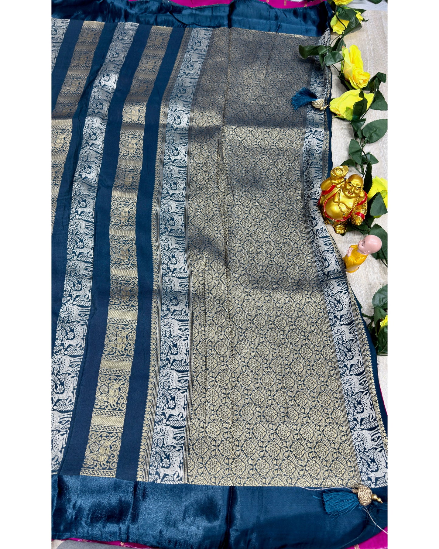 Blue premium saree with gold and silver butta