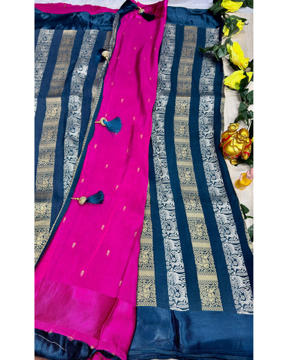 Blue premium saree with gold and silver butta