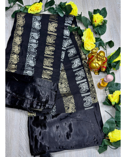 Black premium saree with gold and silver butta