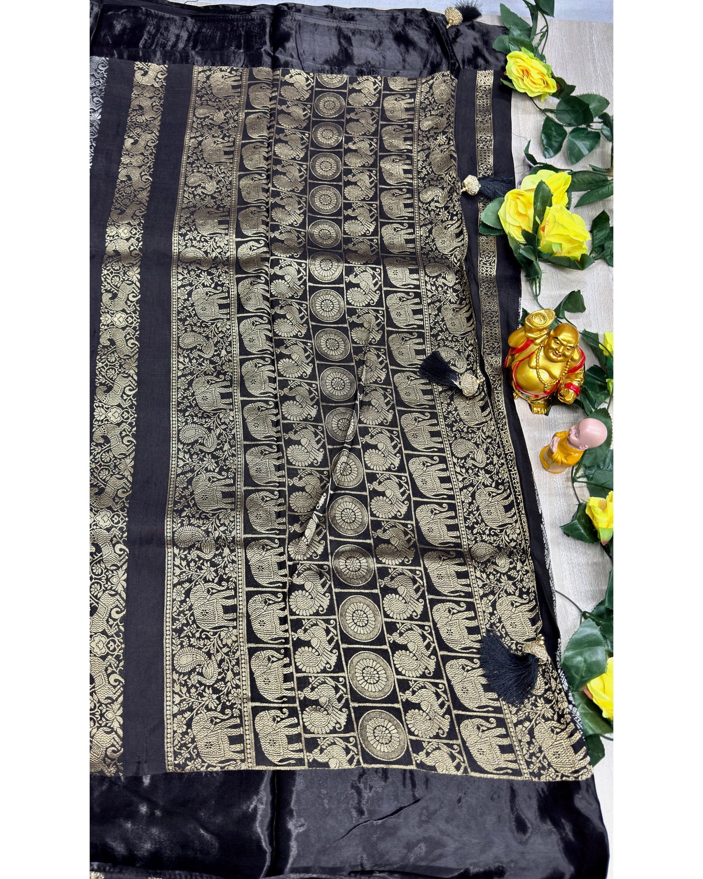 Black premium saree with gold and silver butta