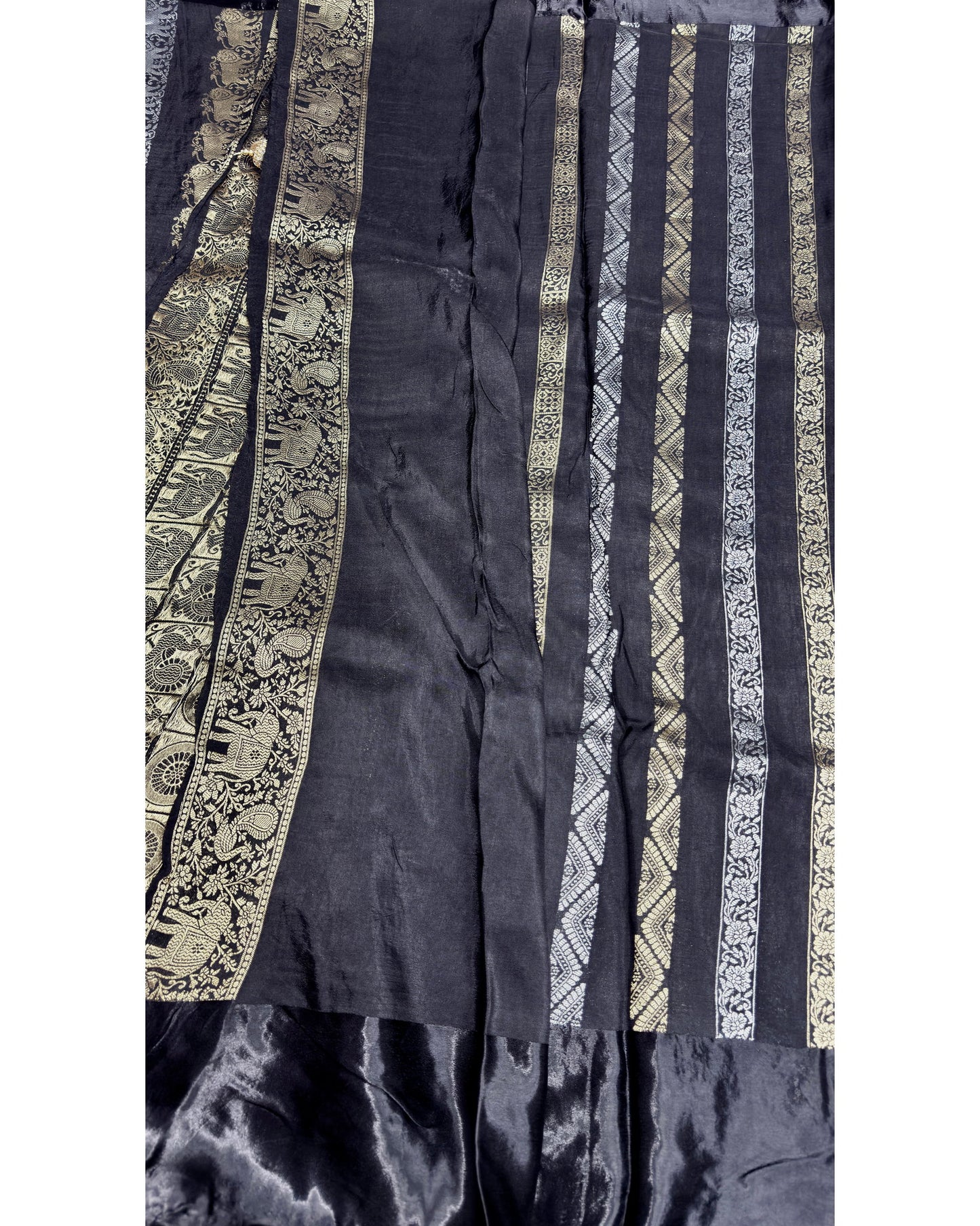 Black premium saree with gold and silver butta