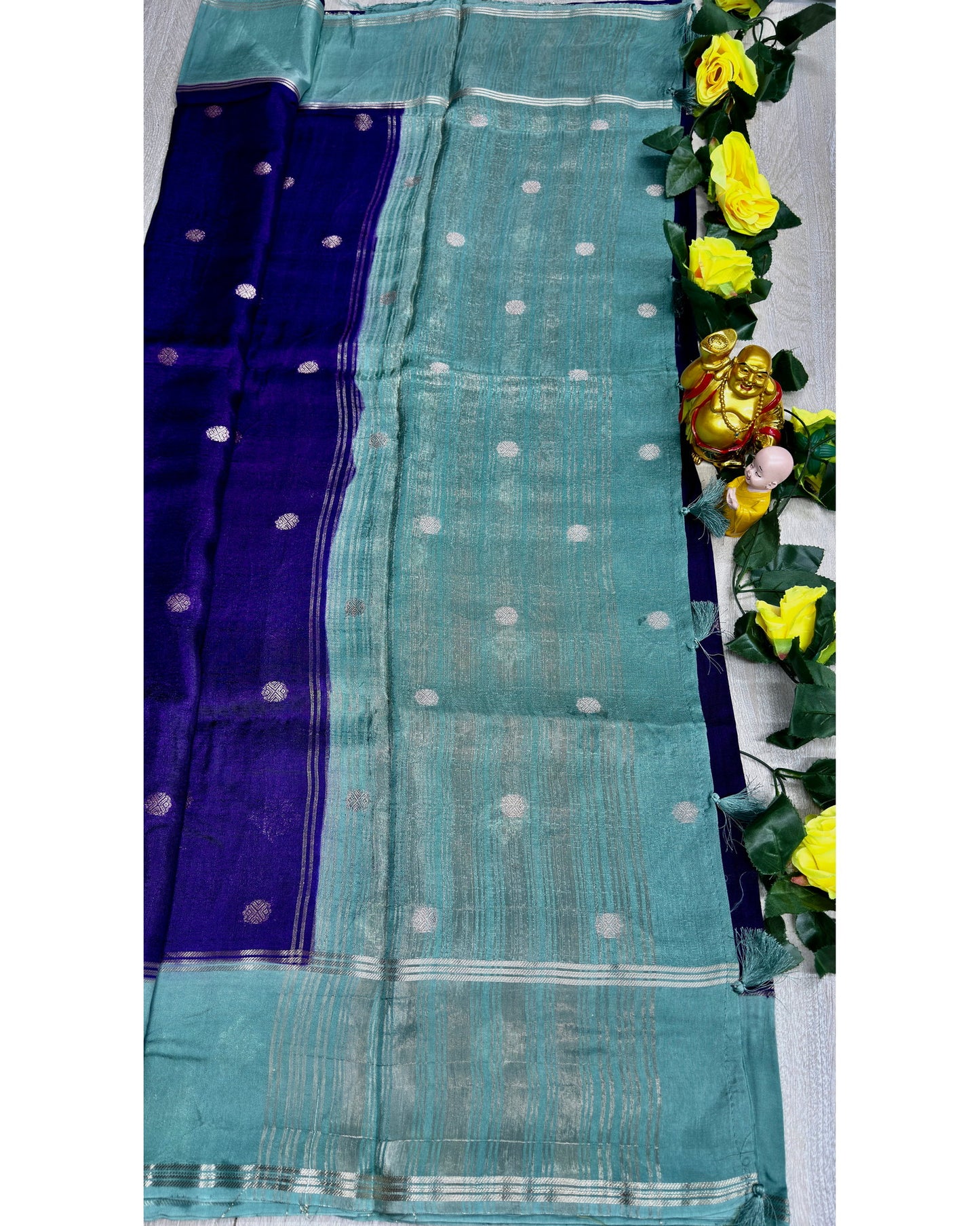 Royal blue with sea blue soft silk with butta