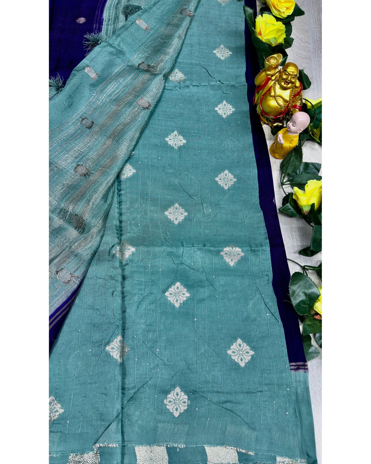 Royal blue with sea blue soft silk with butta