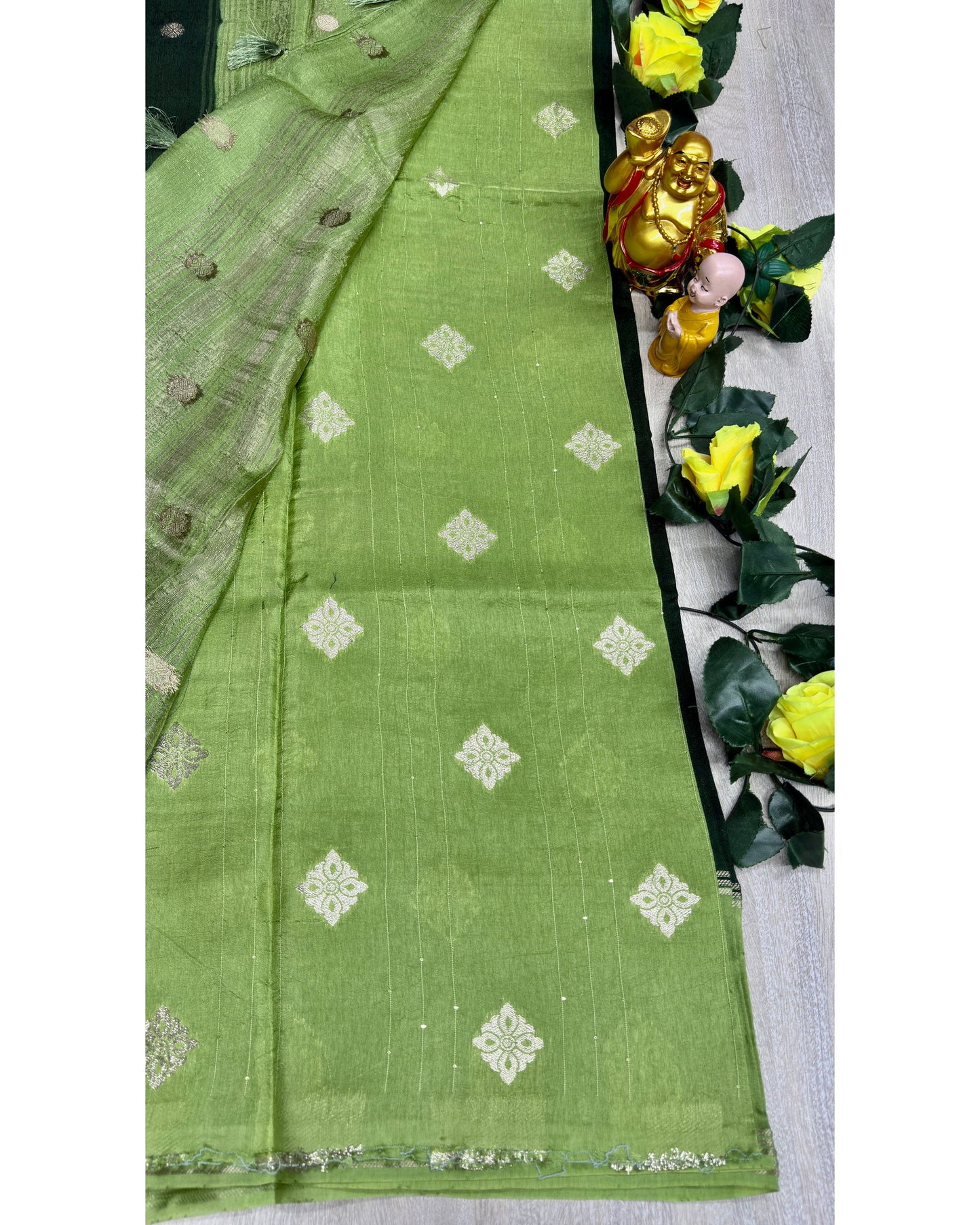 Dark green with pista soft silk with butta