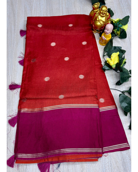 Orange with rani pink soft silk with butta