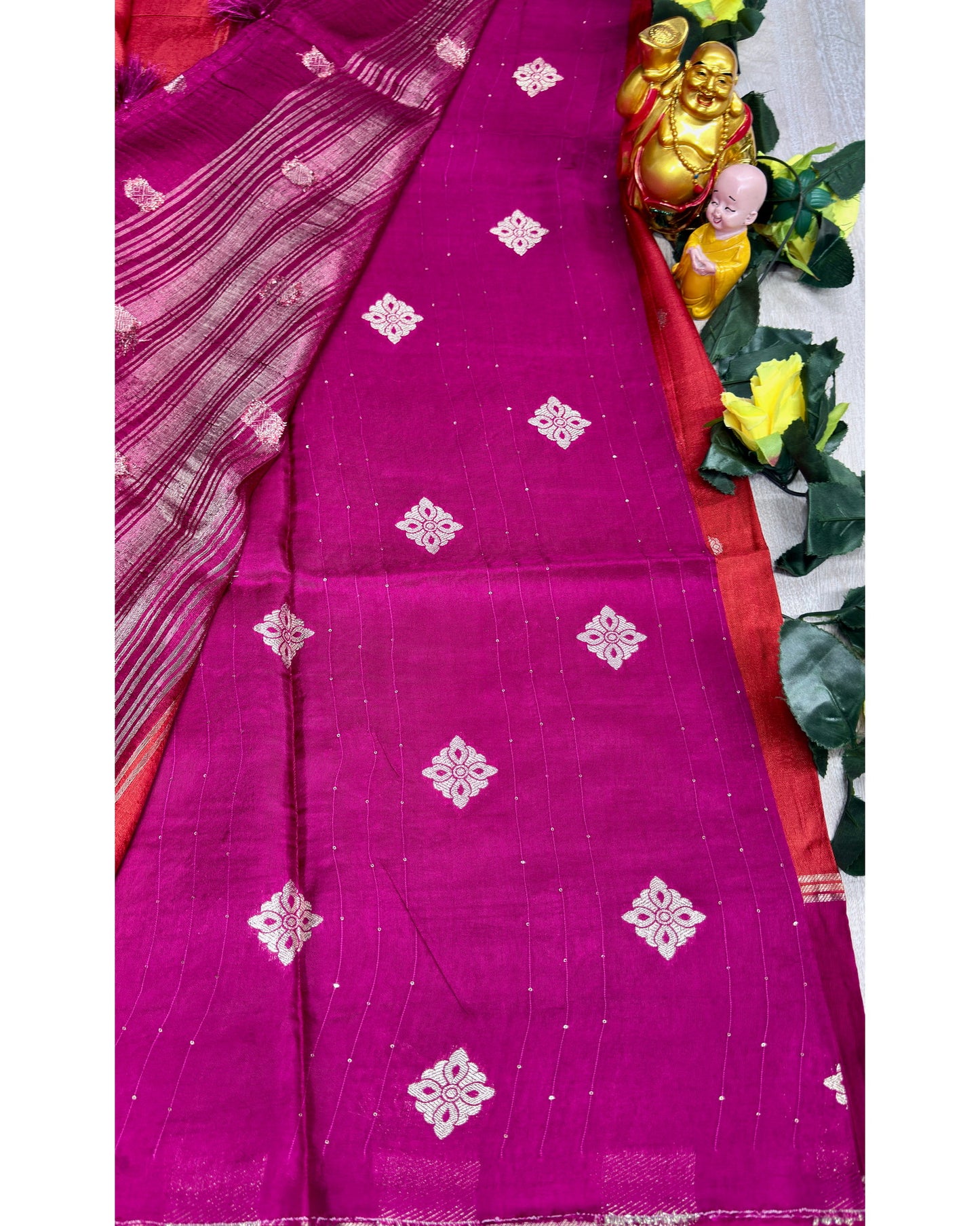 Orange with rani pink soft silk with butta