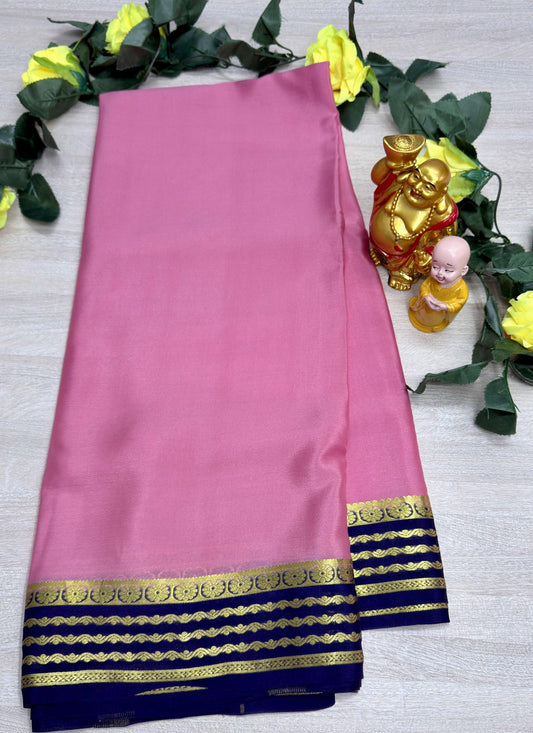 pink with navi blue 60gsm pure mysore silk