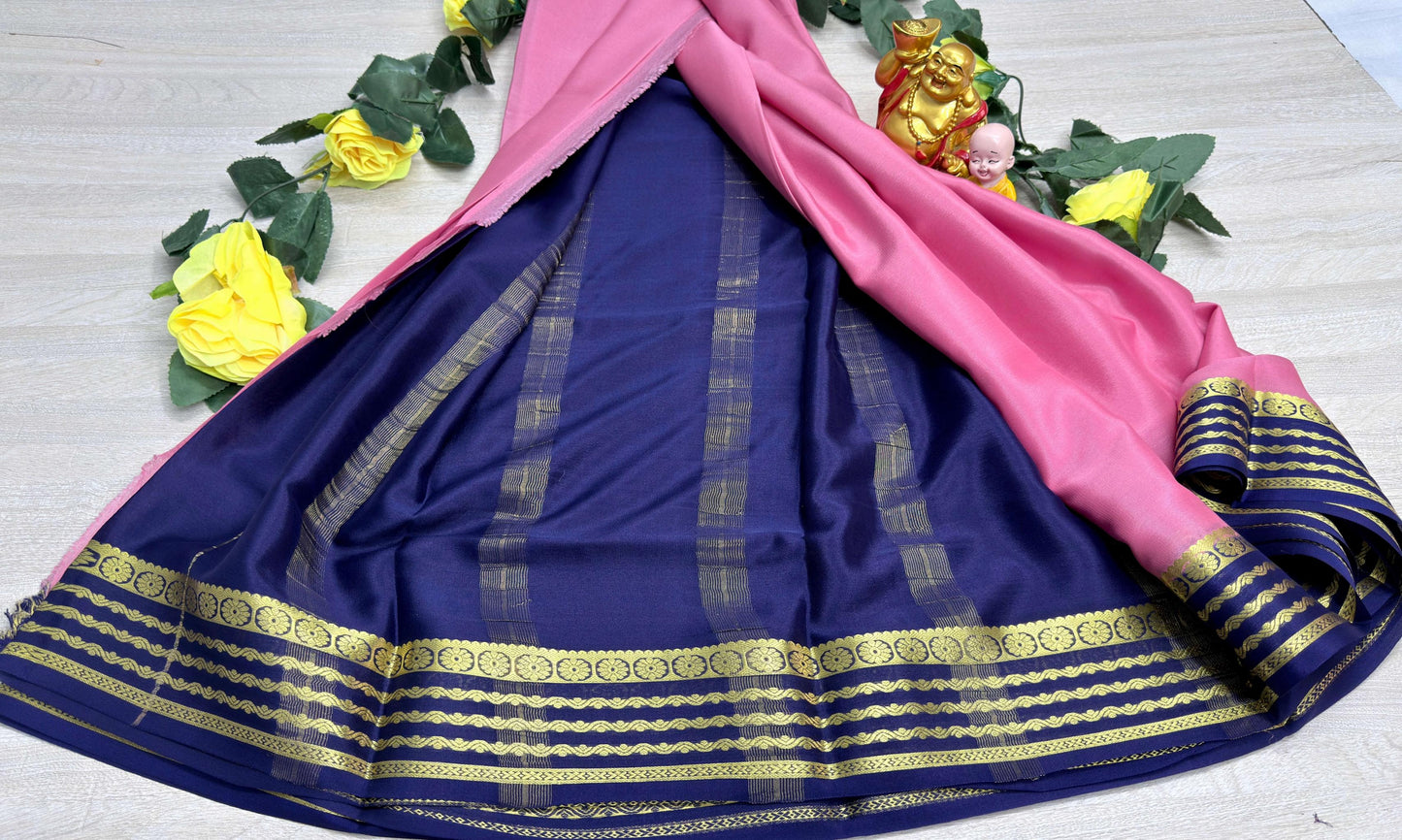 pink with navi blue 60gsm pure mysore silk