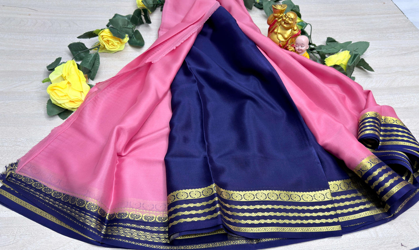 pink with navi blue 60gsm pure mysore silk