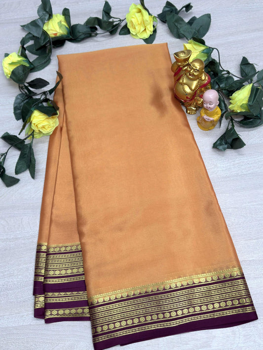 light gold with megentha 60gsm pure mysore silk