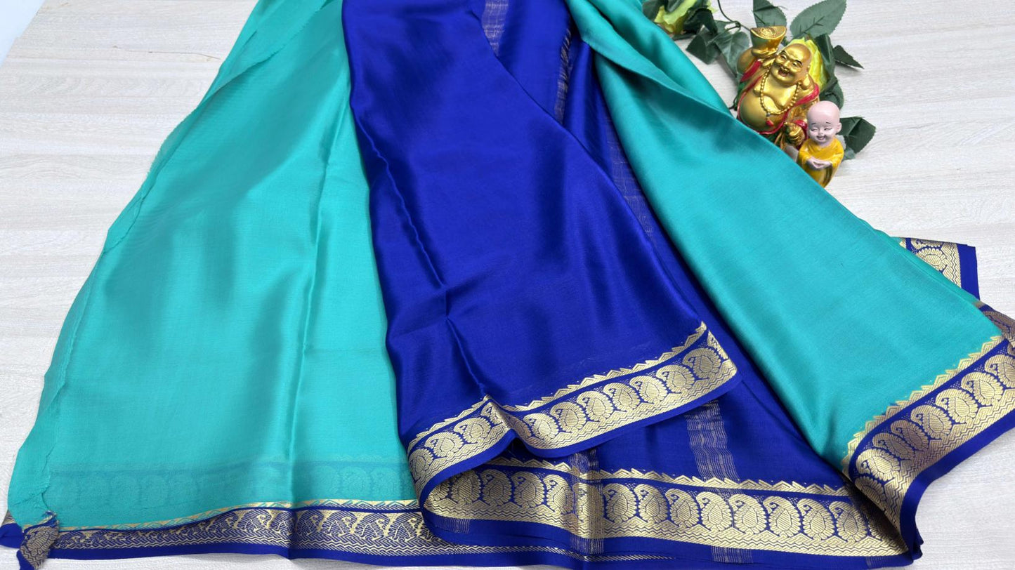 light blue with royal blue 75 gsm pure mysore silk