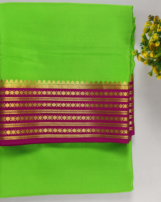 parrot green with rani pink gatti boder pure mysore silk