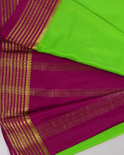 parrot green with rani pink gatti boder pure mysore silk