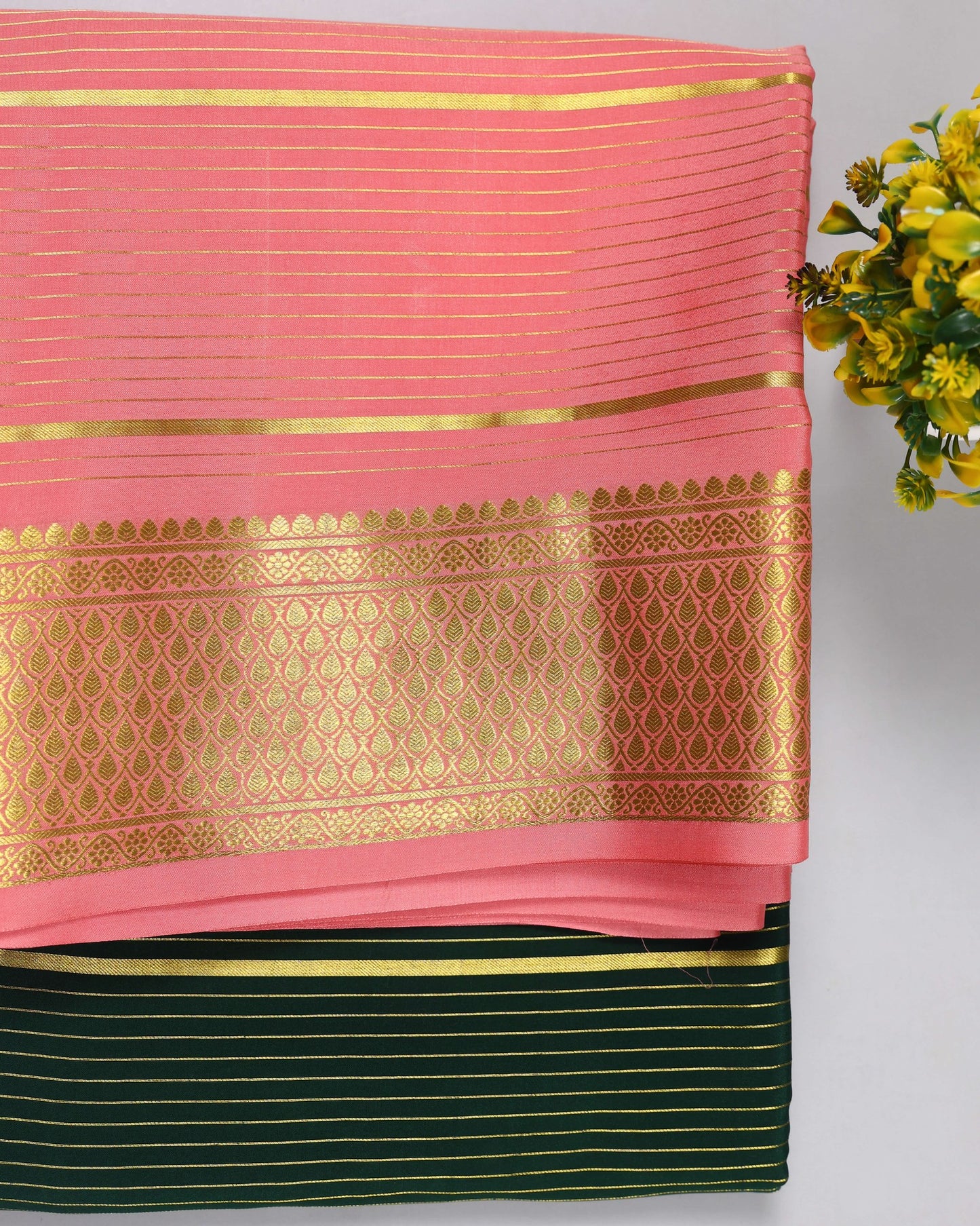 bottle green with pink boder pure mysore silk