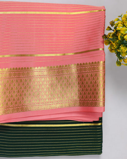 bottle green with pink boder pure mysore silk