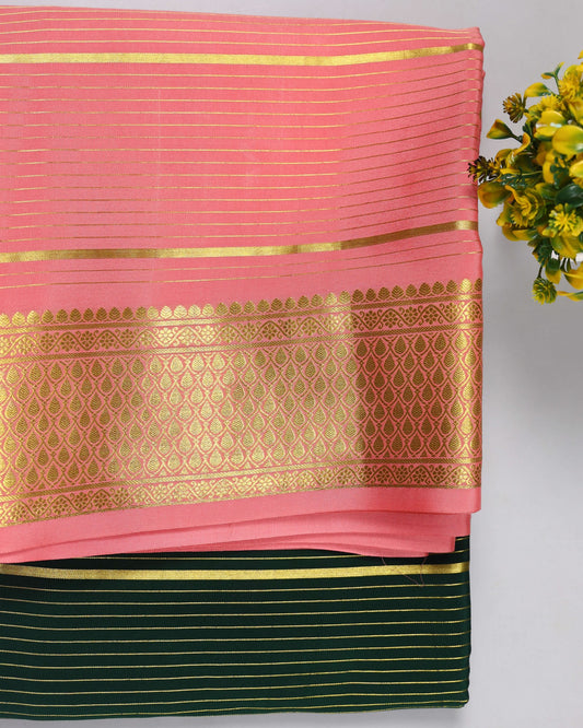 bottle green with pink boder pure mysore silk