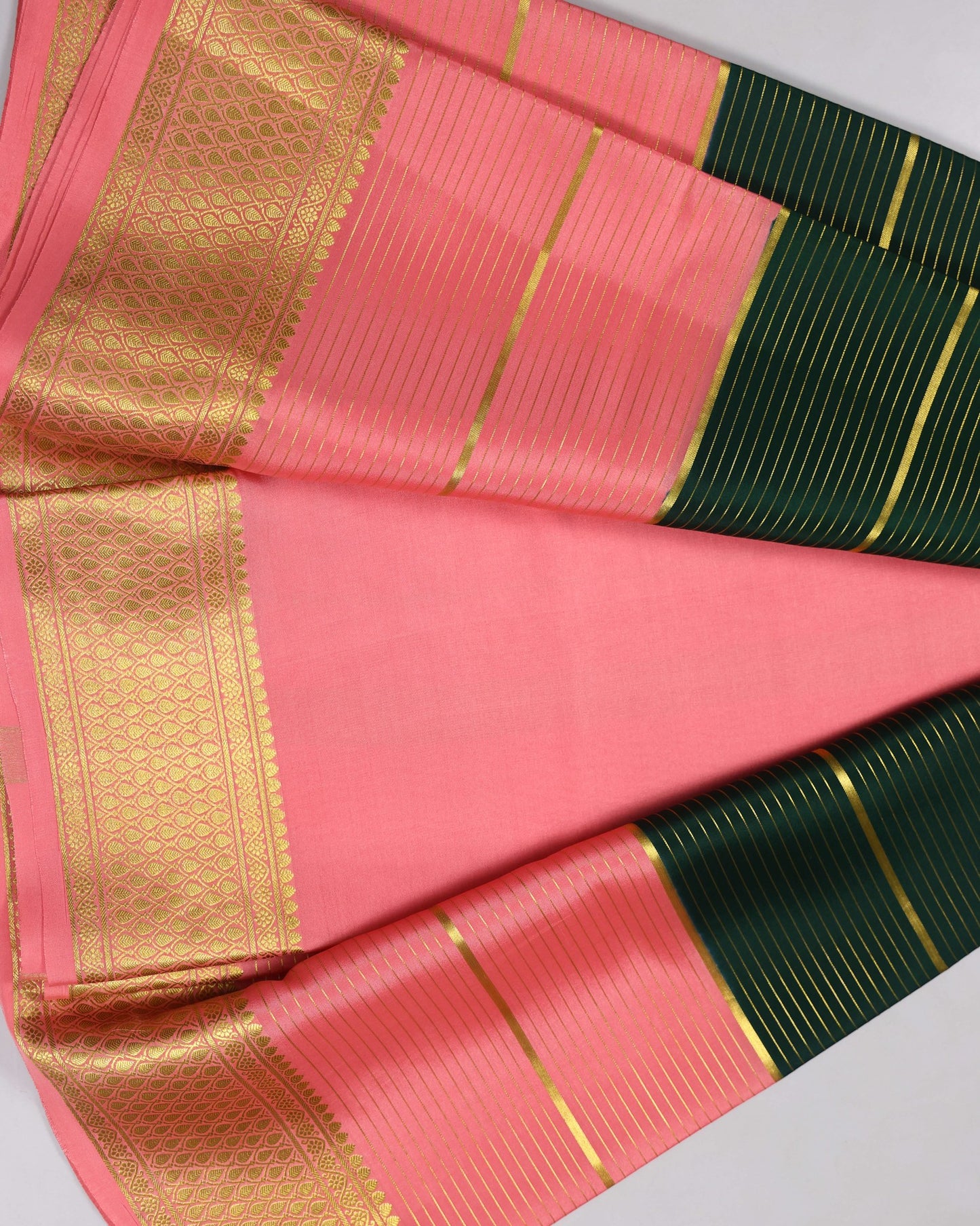 bottle green with pink boder pure mysore silk