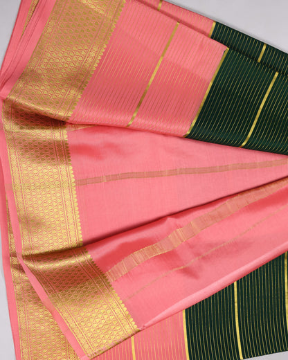 bottle green with pink boder pure mysore silk