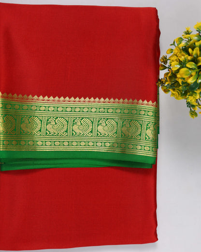 Red with green gatti boder pure mysore silk