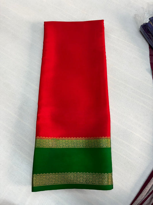 Pure Mysore silk Red with Green saree (120+GSM)