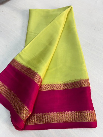 Pure Mysore silk Pistha Green  with Pink saree (120+GSM)