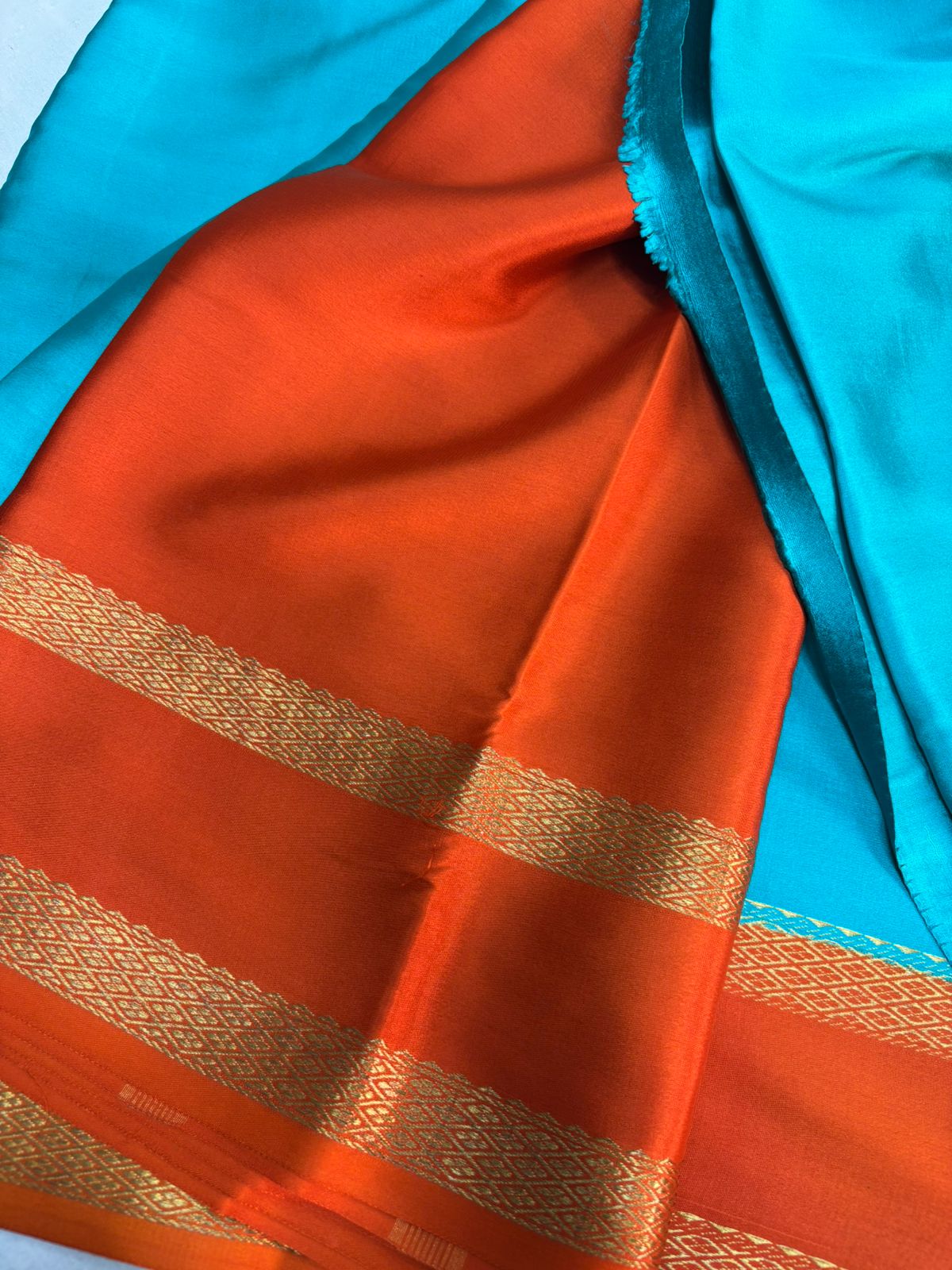 Pure Mysore Silk  Sky Blue  with Orange saree (120+GSM)