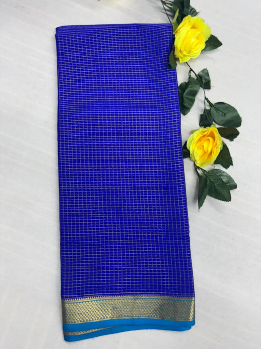 Pure Mysore Silk ROYAL BLUE WITH SKY BLUE CHEX