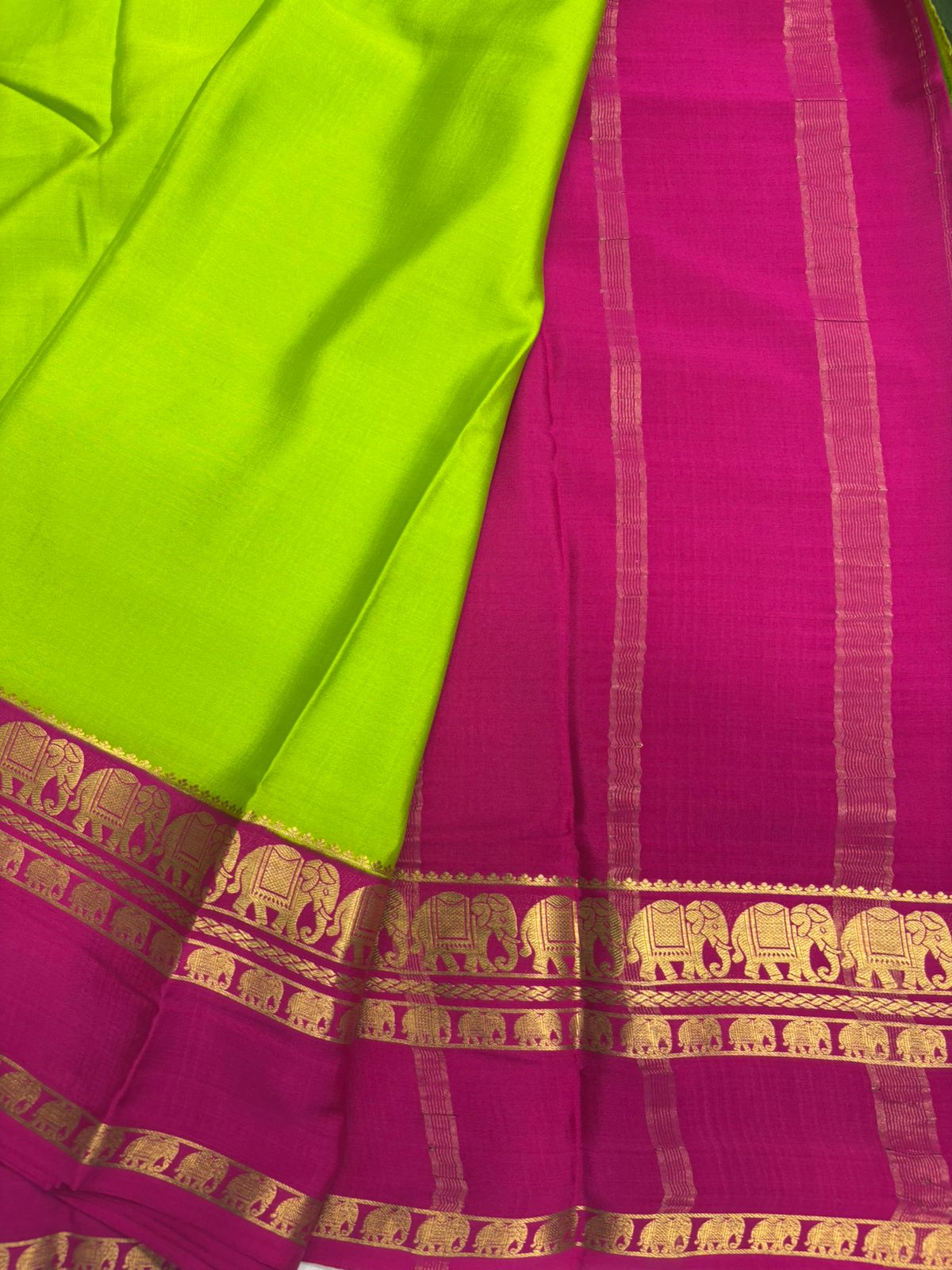 Pure Green Mysore Silk Saree with Pink Elephant border