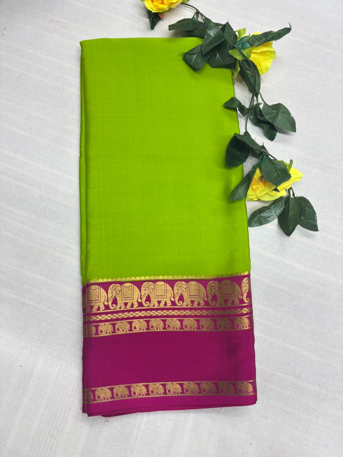 Pure Green Mysore Silk Saree with Pink Elephant border