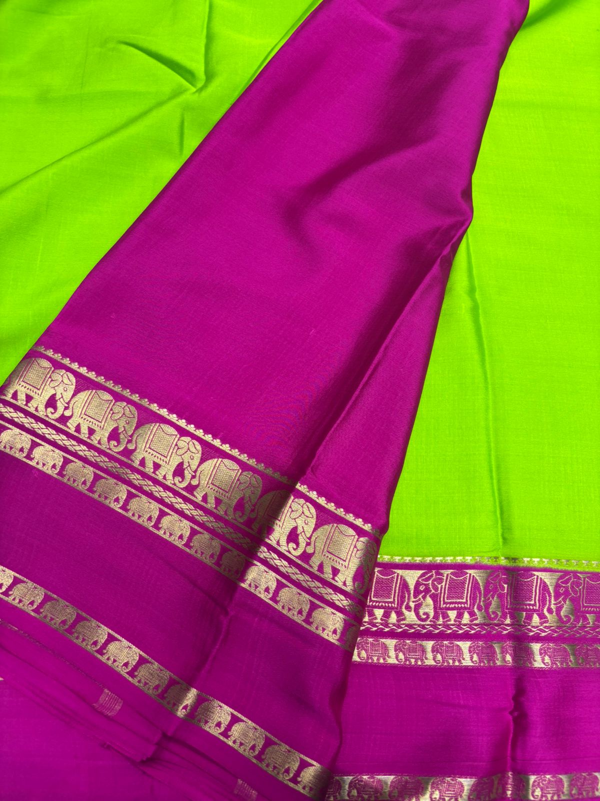 Pure Green Mysore Silk Saree with Pink Elephant border