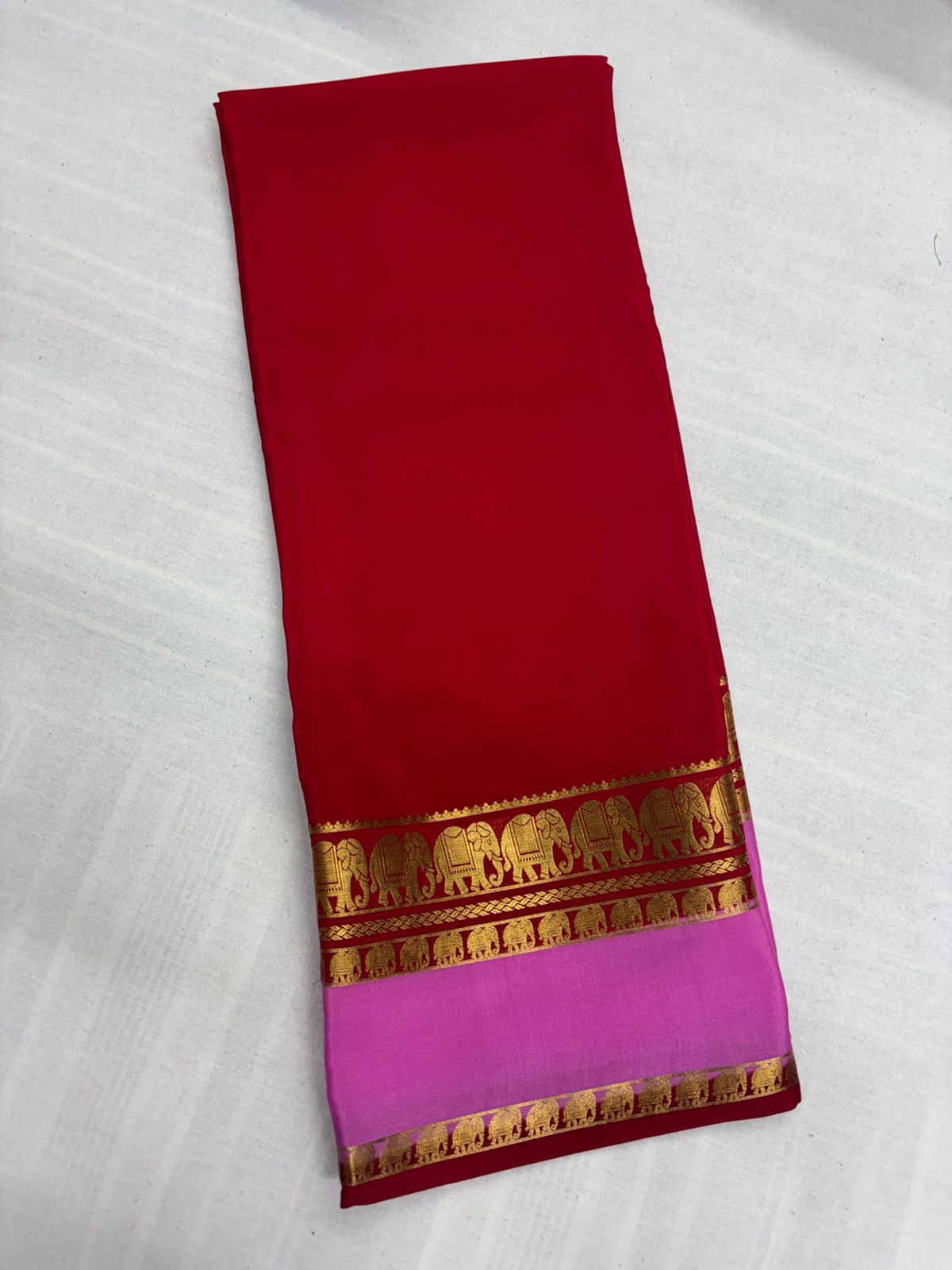 Pure Red Mysore silk Saree with Pink Elephant border