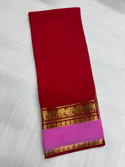 Pure Red Mysore silk Saree with Pink Elephant border