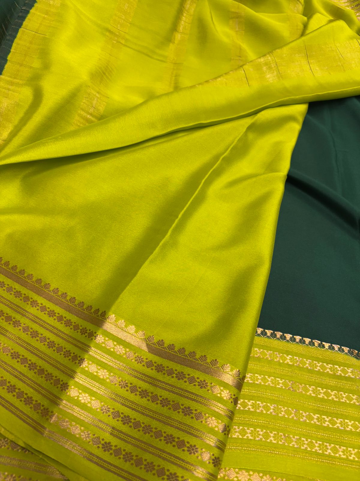 Pure Mysore Silk Mustard Yellow with BOTTLE GREEN  saree (120+GSM) (Copy)