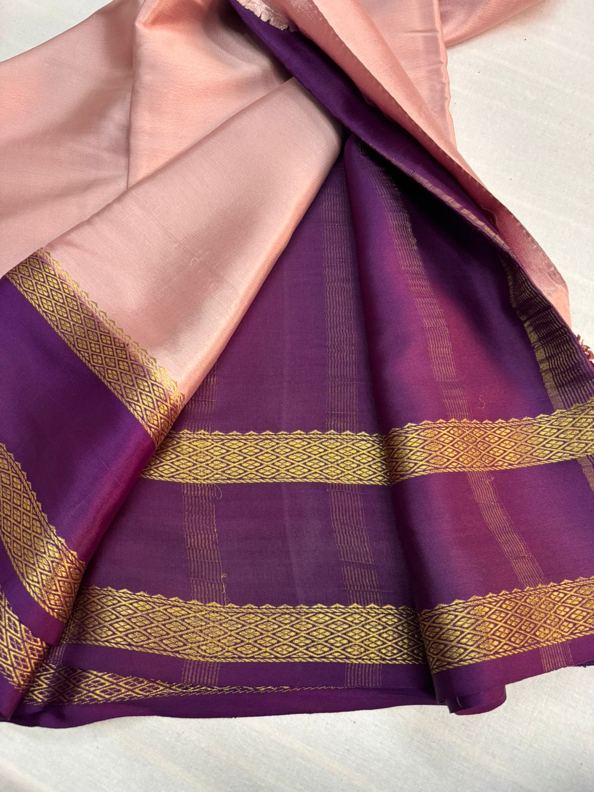 Pure Mysore silk Soft Peach with Purple saree (120+GSM)